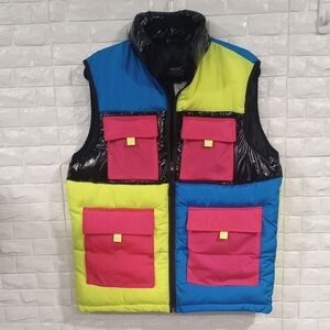 Wesc Neon Colorblock Puffer Vest with Pink Pocket Panels